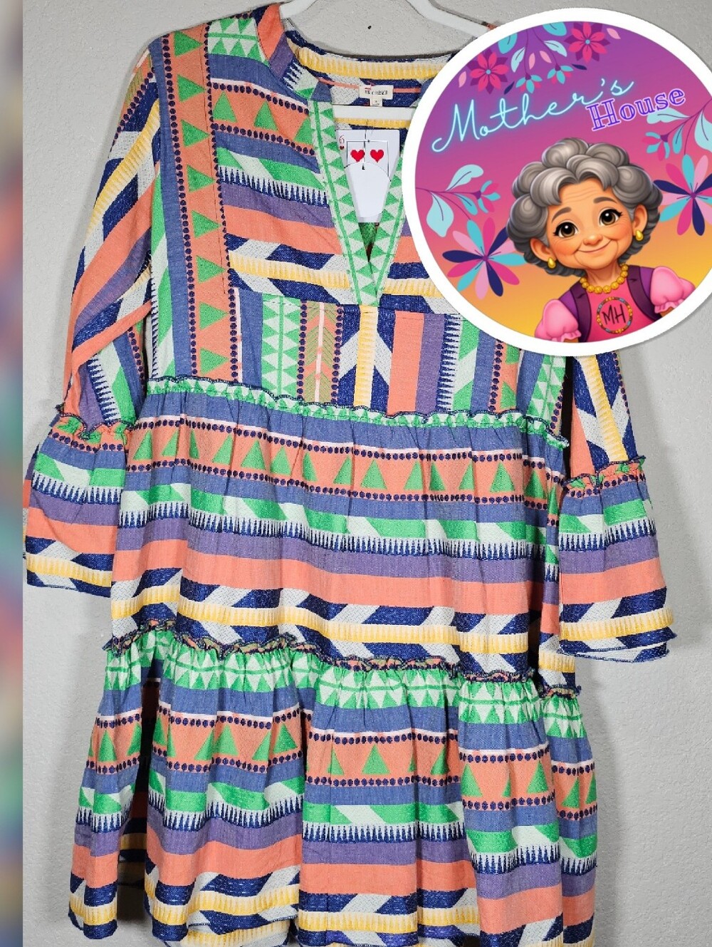 Colorful Geometric Tiered Mini Dress - Pink, Green & Blue